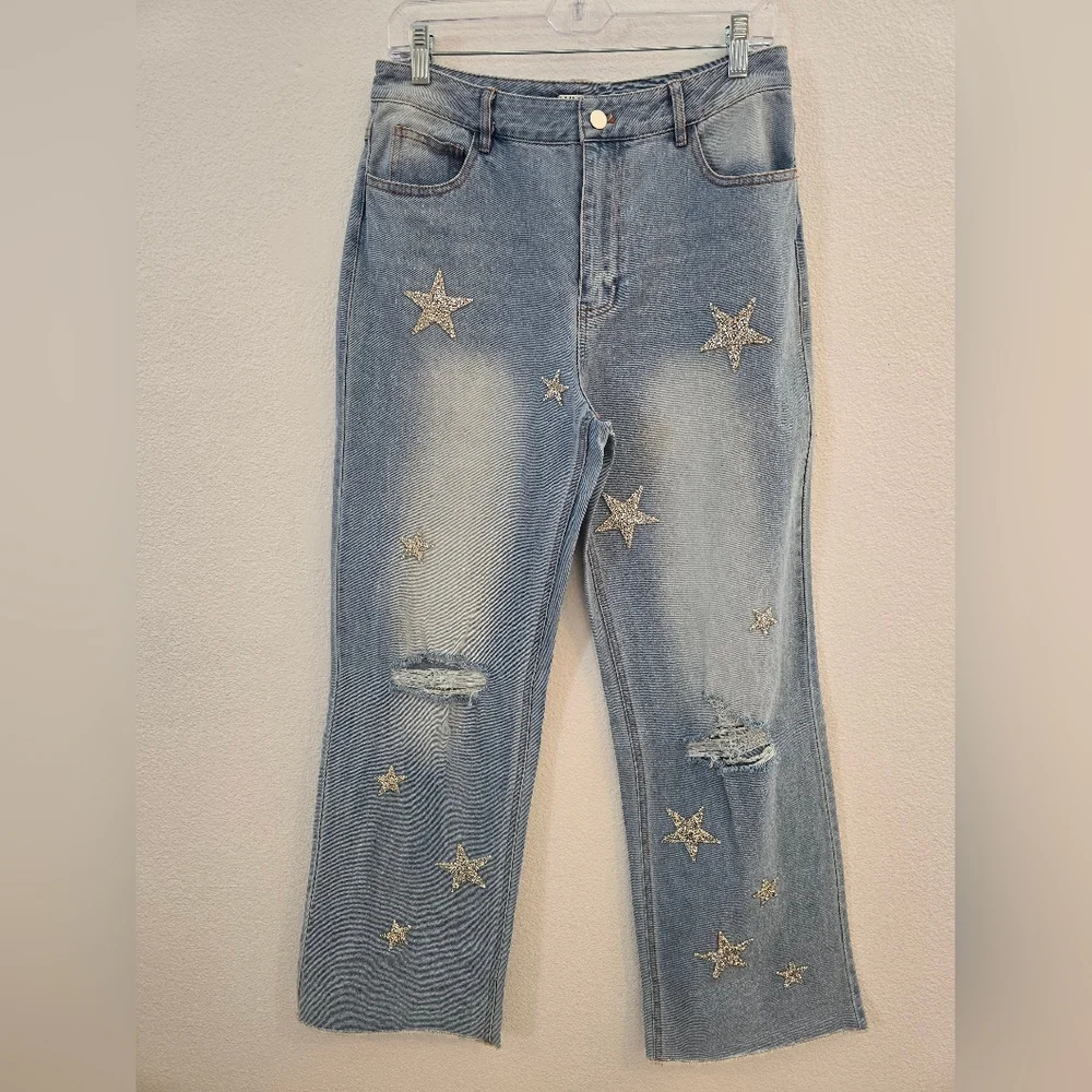 Why Dress NWT Embroidered Embellished Star Light Blue Denim Wide Leg Jeans Large - Picture 5 of 10